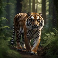 Majestic Tiger Walking in Lush Green Forest with Lifelike Eyes and Detailed Fur in Ultra Realistic Wildlife Photography