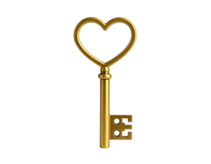 A heart shaped gold key placed vertically isolated on a transparent background.