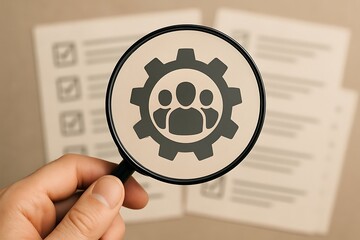 A magnifying glass with a gear and people icon over a background of documents
