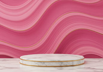 White Marble Display Pedestal with Gold Trim on Pink Abstract Background with Flowing Patterns