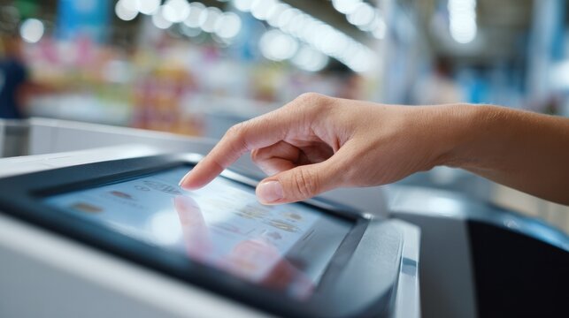 Medium shot of a persons palm being scanned on an advanced selfcheckout kiosk with outoffocus supermarket environment enhancing modern retail experience.