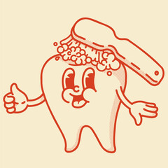Cheerful retro tooth mascot getting brushed with foamy toothpaste. Vintage dental care illustration for clinics and oral hygiene brands