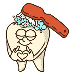 Tooth in love with its brush! Retro dental mascots with heart for Valentine's oral care campaigns