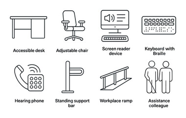 Inclusive office tools: accessible desk, braille keyboard, and workplace assistance