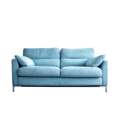 Plush sky blue sofa with plush cushions and modern metal legs couch furniture, Isolated On Png Transparent Background