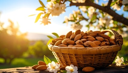 Almonds in a basket, spring blossoms