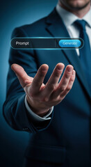 Businessman holding glowing virtual interface with prompt and generate button. Concept of artificial intelligence, text generation and digital innovation
Generated image