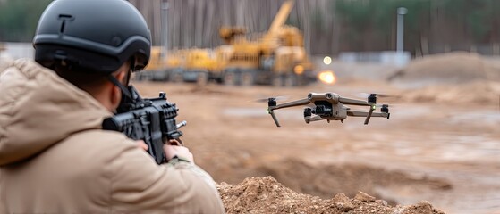 Fototapeta premium Soldier with a rifle observes a distant group while drones hover above in a remote landscape during sunset