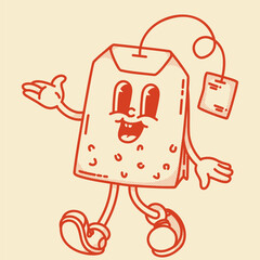 Retro tea bag mascot presenting Oolong and Fruit blends. Vintage illustration for luxury gift boxes and limited editions
