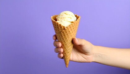 A waffle cone filled with creamy vanilla ice cream is held by a hand against a vibrant purple background.