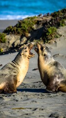 Obraz premium Two seals face off on a beach