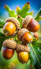 Beautifully Ripened Acorns Hanging from a Branch with Vibrant Green Oak Leaves in the Warm Autumn Sunlight