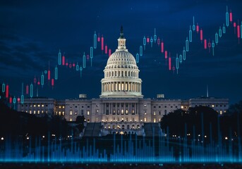 US Capitol Building with Stock Market Charts and Financial Data Overlay, Government Economic Policy, Washington DC Finance Regulation, Business Investment and Economy Concept