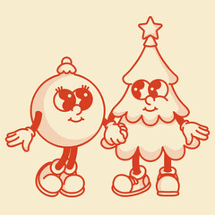Shiny Christmas ornament and tree mascot duo. Festive Xmas design for holiday decorations and gifts