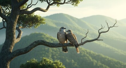 Affectionate bird couple sharing a quiet moment on a tree branch overlooking a serene green mountain landscape.