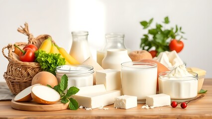Fresh dairy products neatly arranged on a wooden table with soft natural lighting.