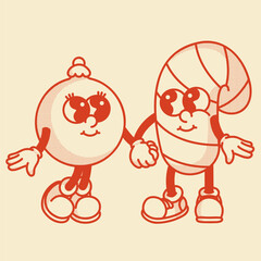 Festive ornament and candy cane mascot duo. Sweet Xmas design for holiday branding and decorations