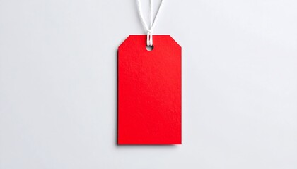 A rectangular, vibrant red price tag hangs from white string against a light gray background.