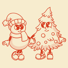 Jolly snowman and decorated Christmas tree mascots. Magical Xmas scene for holiday branding and winter gifts