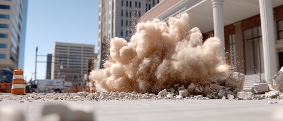 An explosion rocks the bustling urban area, sending debris flying and causing panic among bystanders in the middle of the day