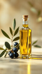 Close-up of ripe olives and premium olive oil bottle highlighting freshness and luxury.