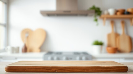 Fototapeta premium Wooden Cutting Board on Kitchen Counter with Blurred Background