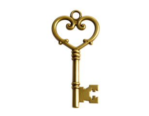 A heart shaped gold key placed vertically isolated on a transparent background.