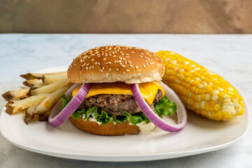 cheese burger withcorn and frenc fries