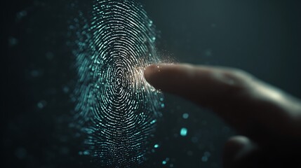 Finger interacting with a digital fingerprint scan on a dark blue background