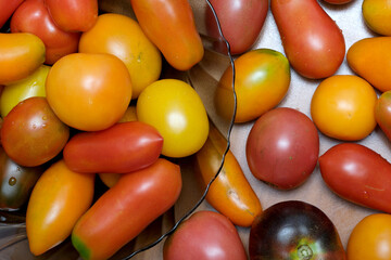 Colorful varieties of ripe tomatoes on display in a rustic setting