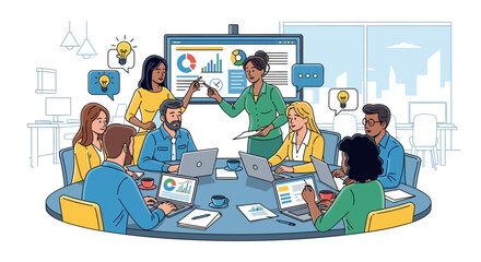 Diverse business team collaborating in a modern office meeting room, analyzing data and generating ideas.