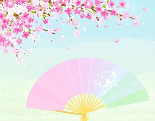 Delicate cherry blossoms cascade above a pastel-colored hand fan, creating a serene and springtime scene.