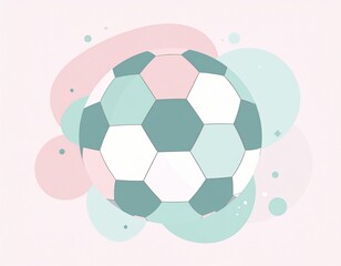 A pastel-colored soccer ball is presented in a composition of soft, overlapping circles and spots.