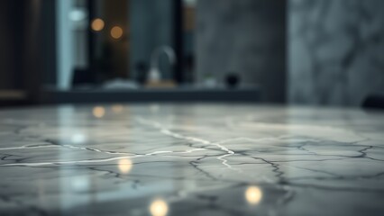 Luxurious marble tabletop with artistic light reflections and soft bokeh effect.