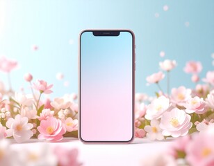 A stylish, rose-gold smartphone stands amidst a soft backdrop of delicate, pastel pink cherry blossoms, creating a serene and inviting aesthetic.