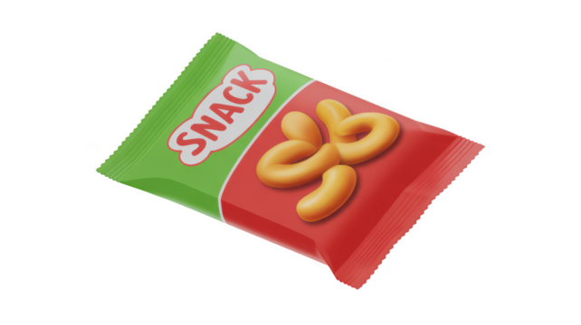 Snack food bag with crunchy snacks isolated on transparent background