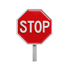 Red octagonal stop sign with white lettering and silver pole image, Isolated On Png Transparent Background