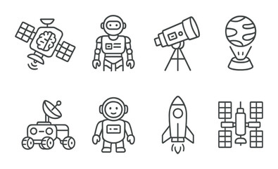 Outline of space technology icons: robots, satellites, telescope, rocket