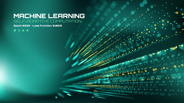 Machine learning self-adaptive computation with abstract data points moving fast. Digital technology background for artificial intelligence.