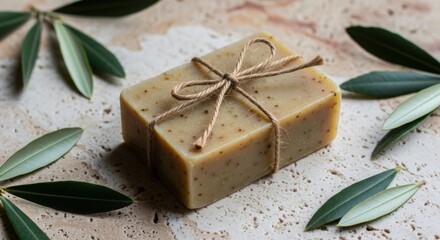 Natural handmade soap bar with olive leaves and twine on textured stone surface organic