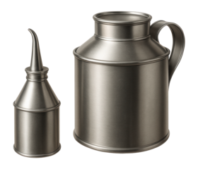 Small and large metal oil cans.