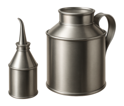 Small and large metal oil cans.
