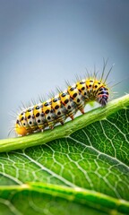 Fototapeta premium A Close Up View Of A Yellow And Black Striped Caterpillar Crawling Slowly On A Vibrant Green Leaf