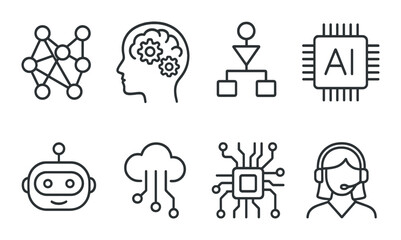 Artificial intelligence and machine learning icon set on dark background