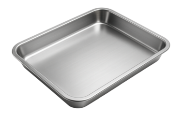 Clean metal baking tray with rounded corners.
