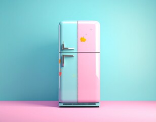 A vibrant, two-toned retro refrigerator against a pastel backdrop, showcasing a playful color scheme and a touch of vintage charm.