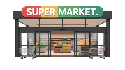 Supermarket store front with shopping carts isolated on transparent background