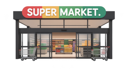 Supermarket store front with shopping carts isolated on transparent background