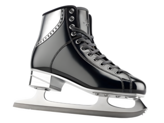 Classic black figure skating boot with silver accents on a black background