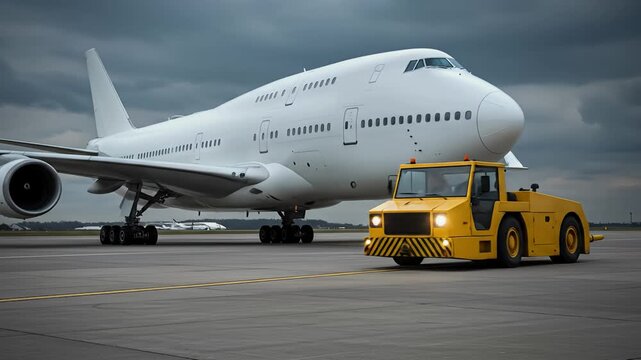 Jumbo Jet Pushback by Ground Crew Tug Vehicle on Tarmac
